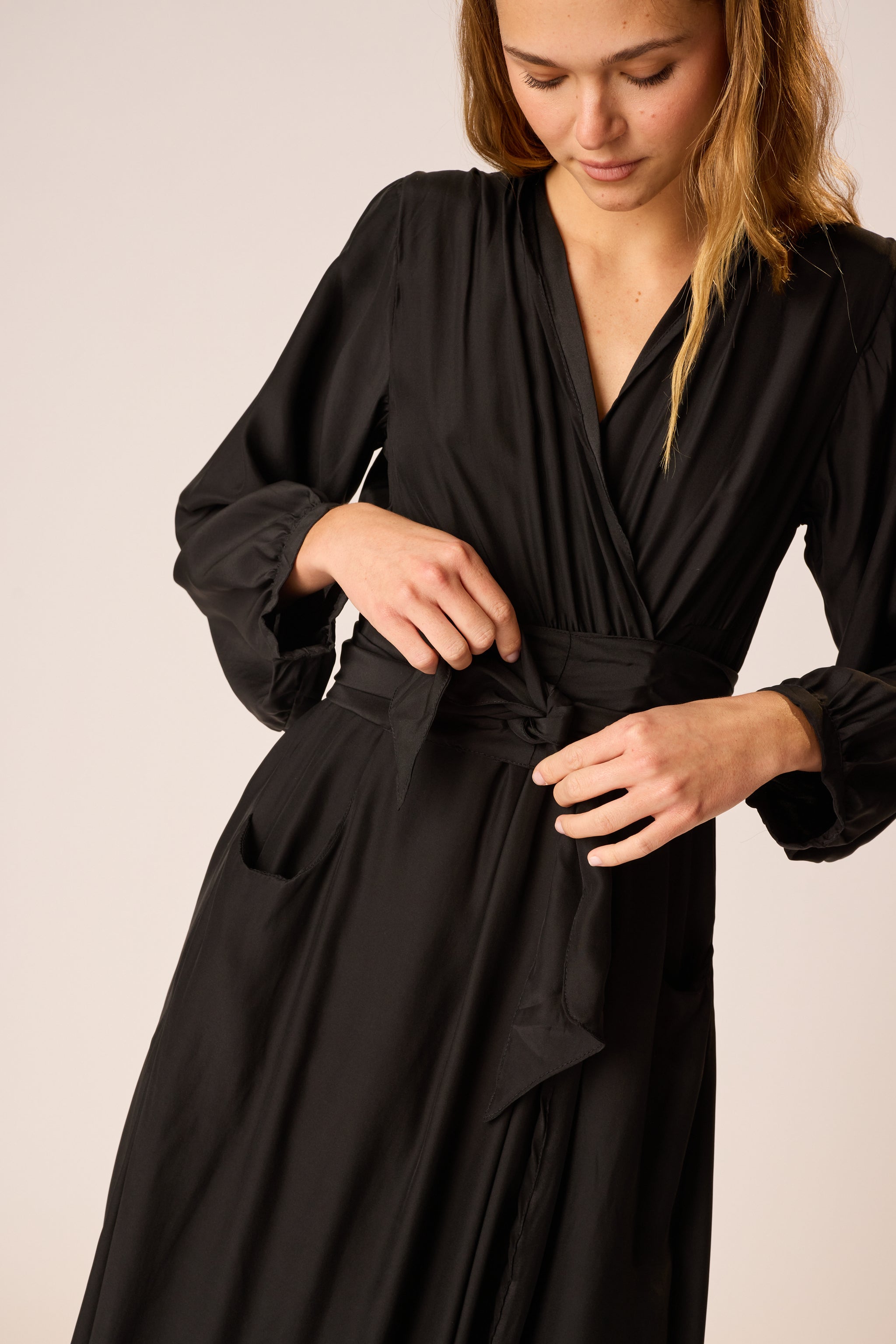 long sleeve black silk dress NICO L/S MAXI WITH SASH – Natalie Martin